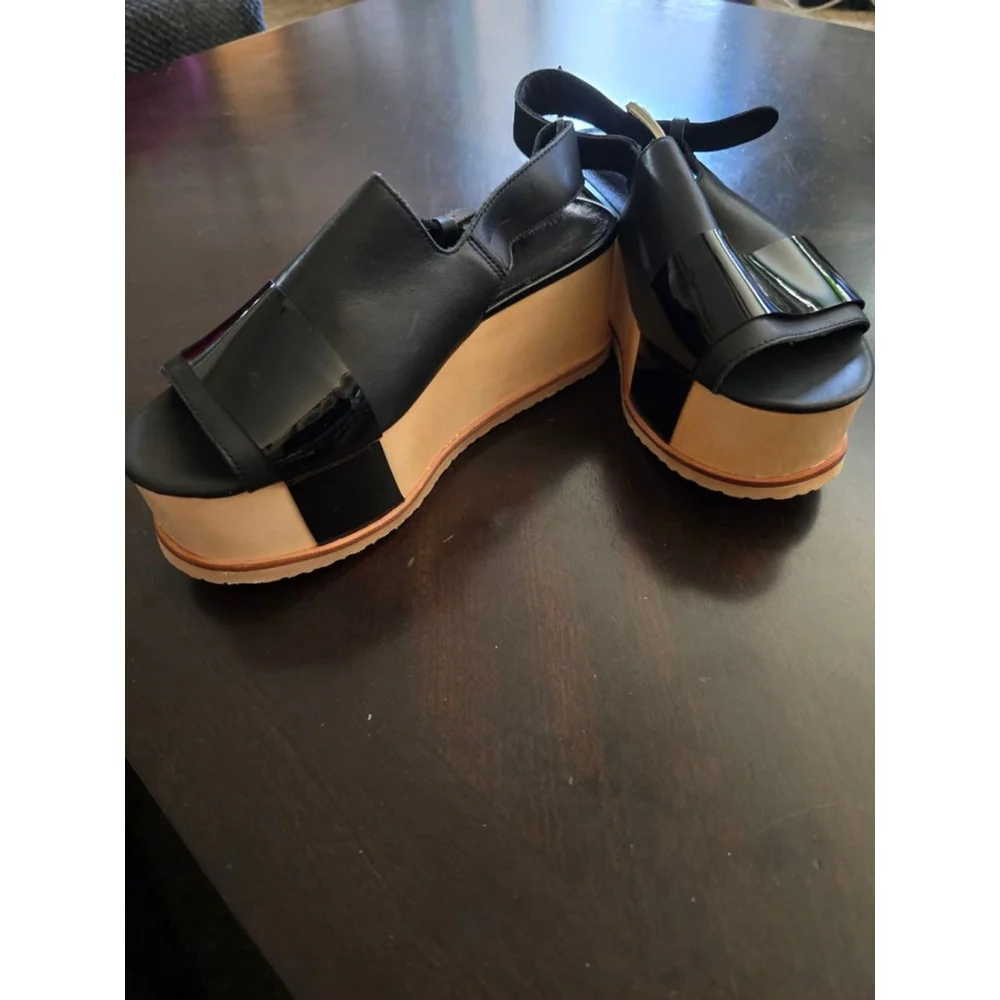 Rare Jeffrey Campbell Black Beige Vinyl Platform Wedge Sandals 40/9.5 Limited
